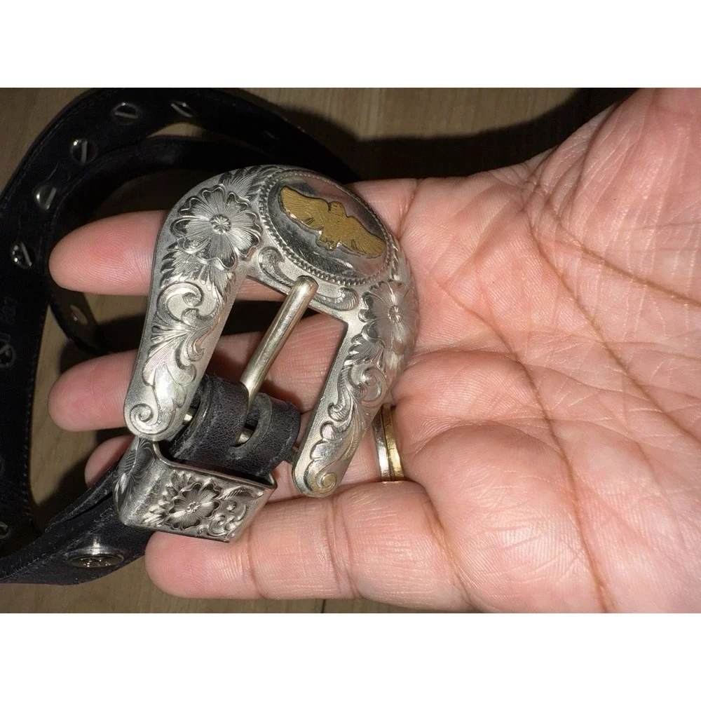 Western Cowgirl Black Leather‎ Belt Concho Heart German Silver Big Al's 38
